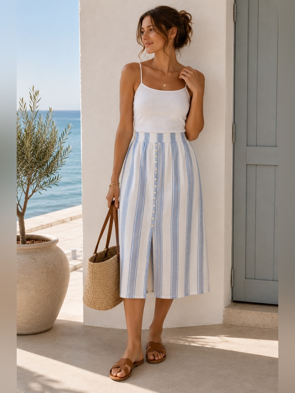 LOFT Linen Blend Blue & White Stripe Button Front Midi Skirt Size MT